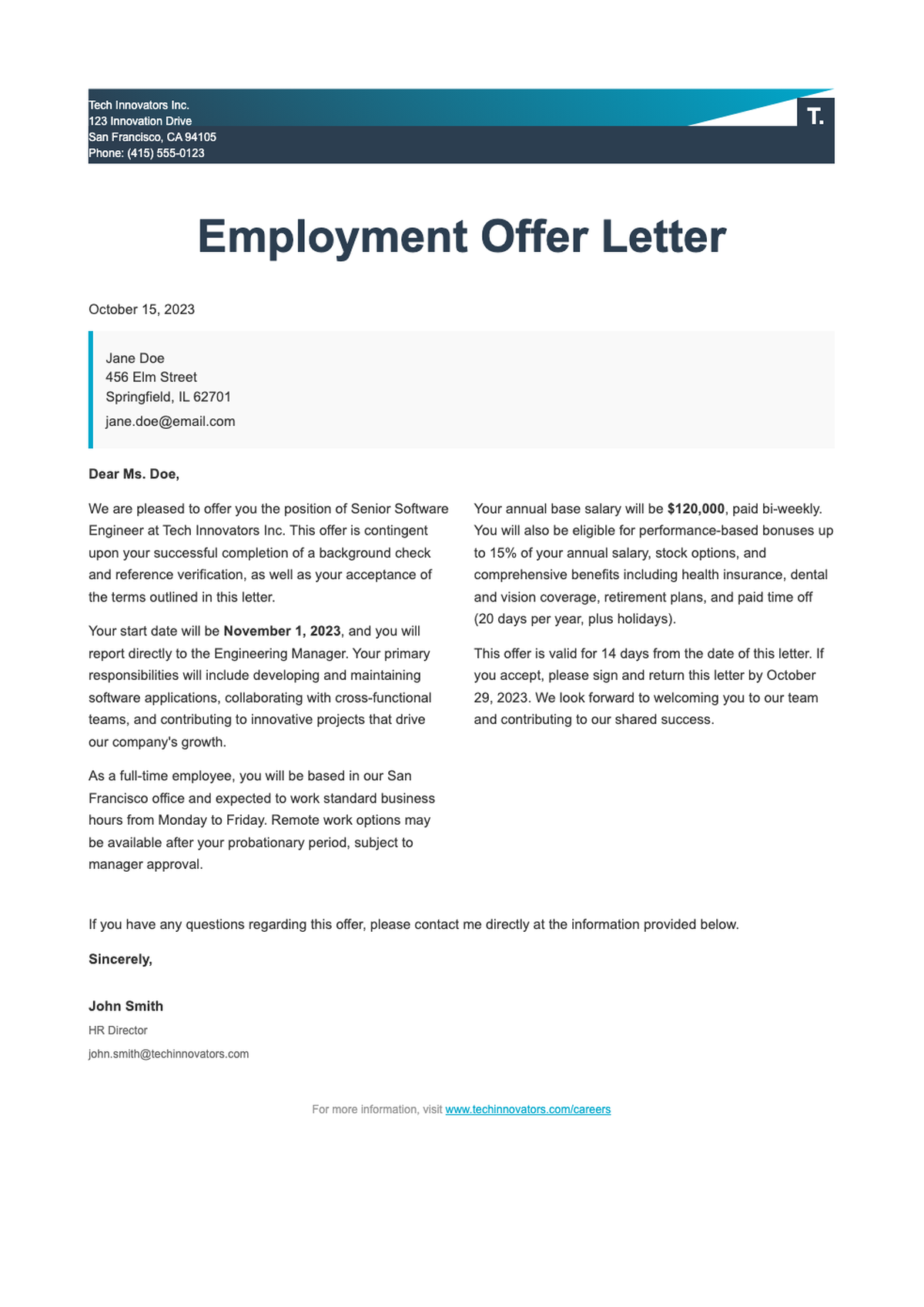 Professional job offer letter template with blue header and placeholder fields_variant_2